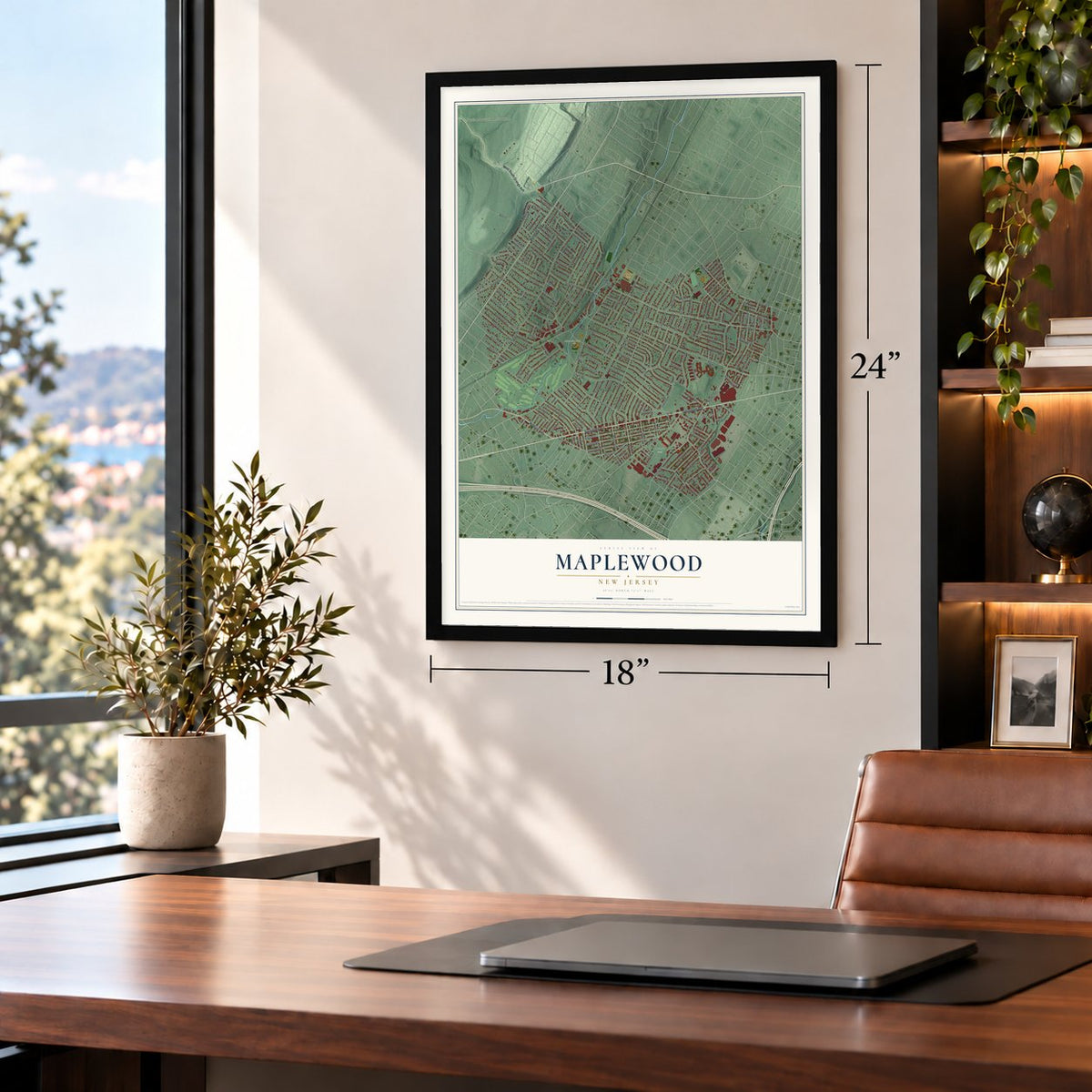 Maplewood, New Jersey map, 18 x 24 inch print in a black frame in a home office