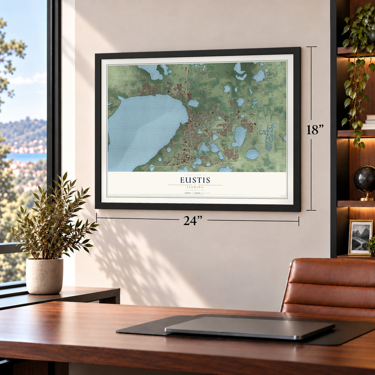 Eustis, Florida map, 18 x 24 inch print in a black frame in a home office