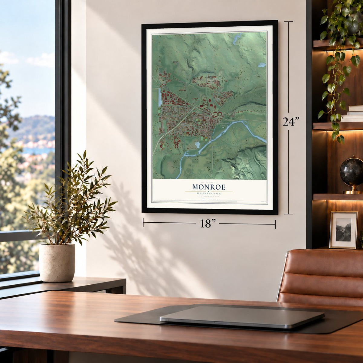 Monroe, Washington map, 18 x 24 inch print in a black frame in a home office