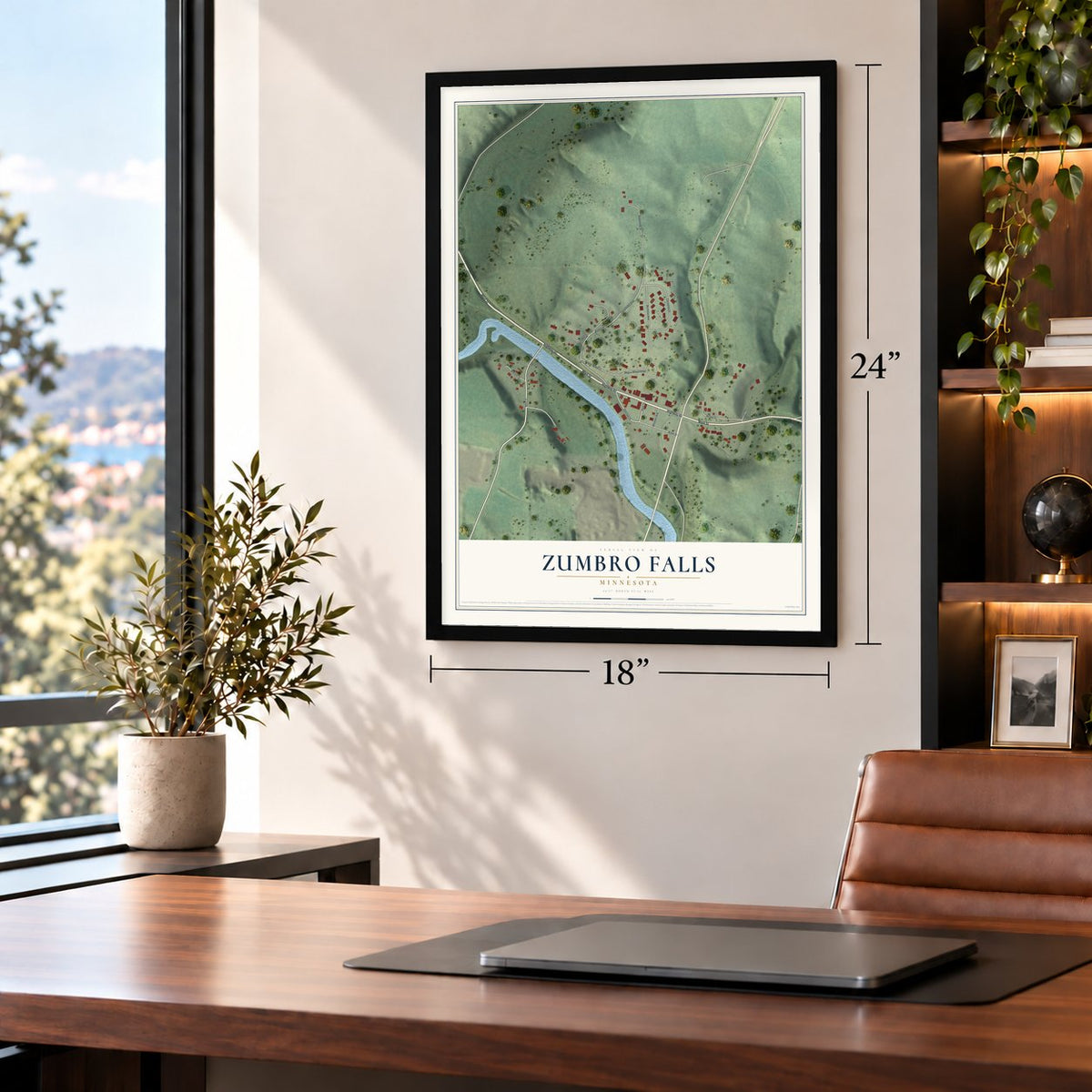 Zumbro Falls, Minnesota map, 18 x 24 inch print in a black frame in a home office
