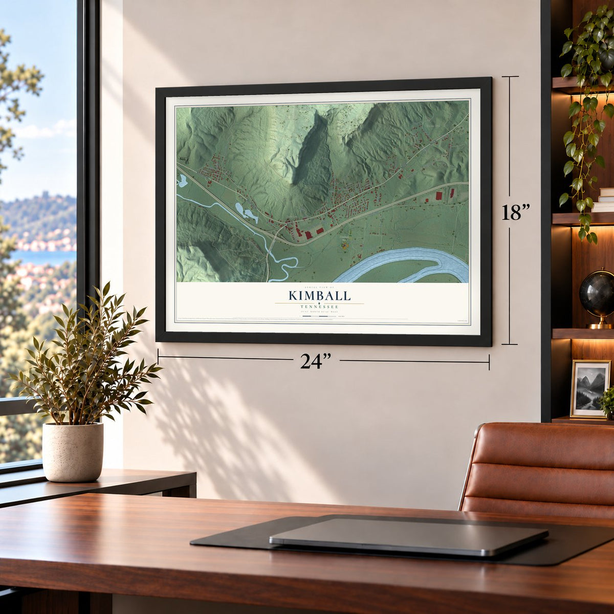 Kimball, Tennessee map, 18 x 24 inch print in a black frame in a home office