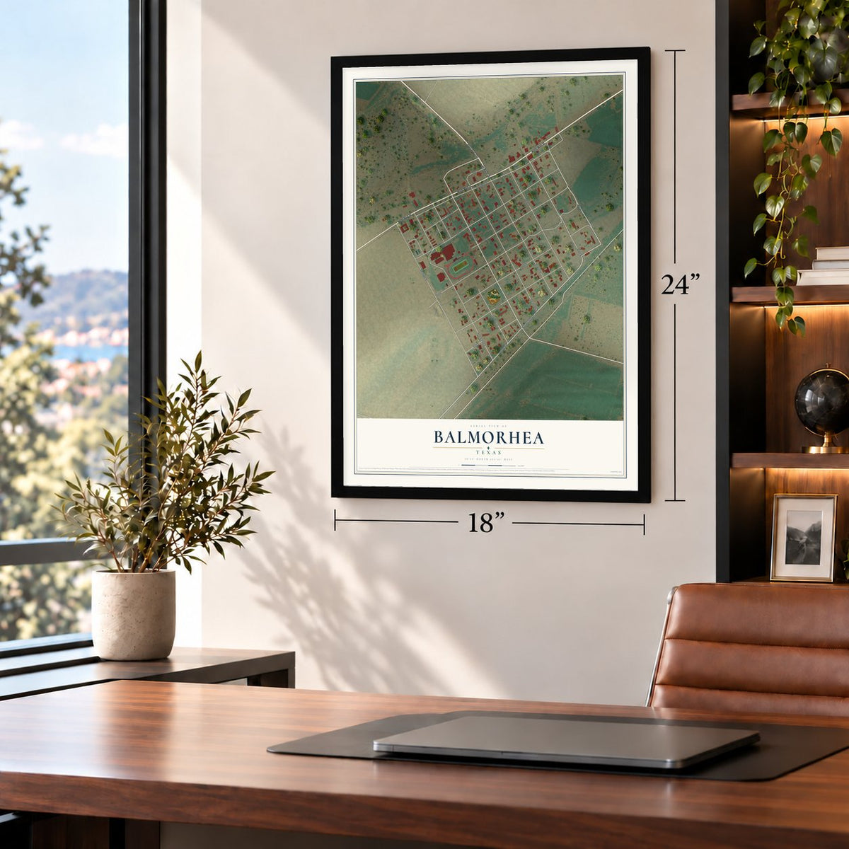 Balmorhea, Texas map, 18 x 24 inch print in a black frame in a home office