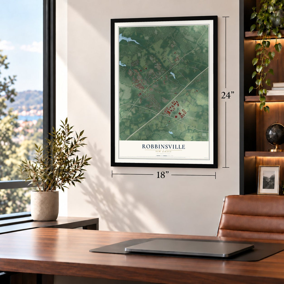 Robbinsville, New Jersey map, 18 x 24 inch print in a black frame in a home office