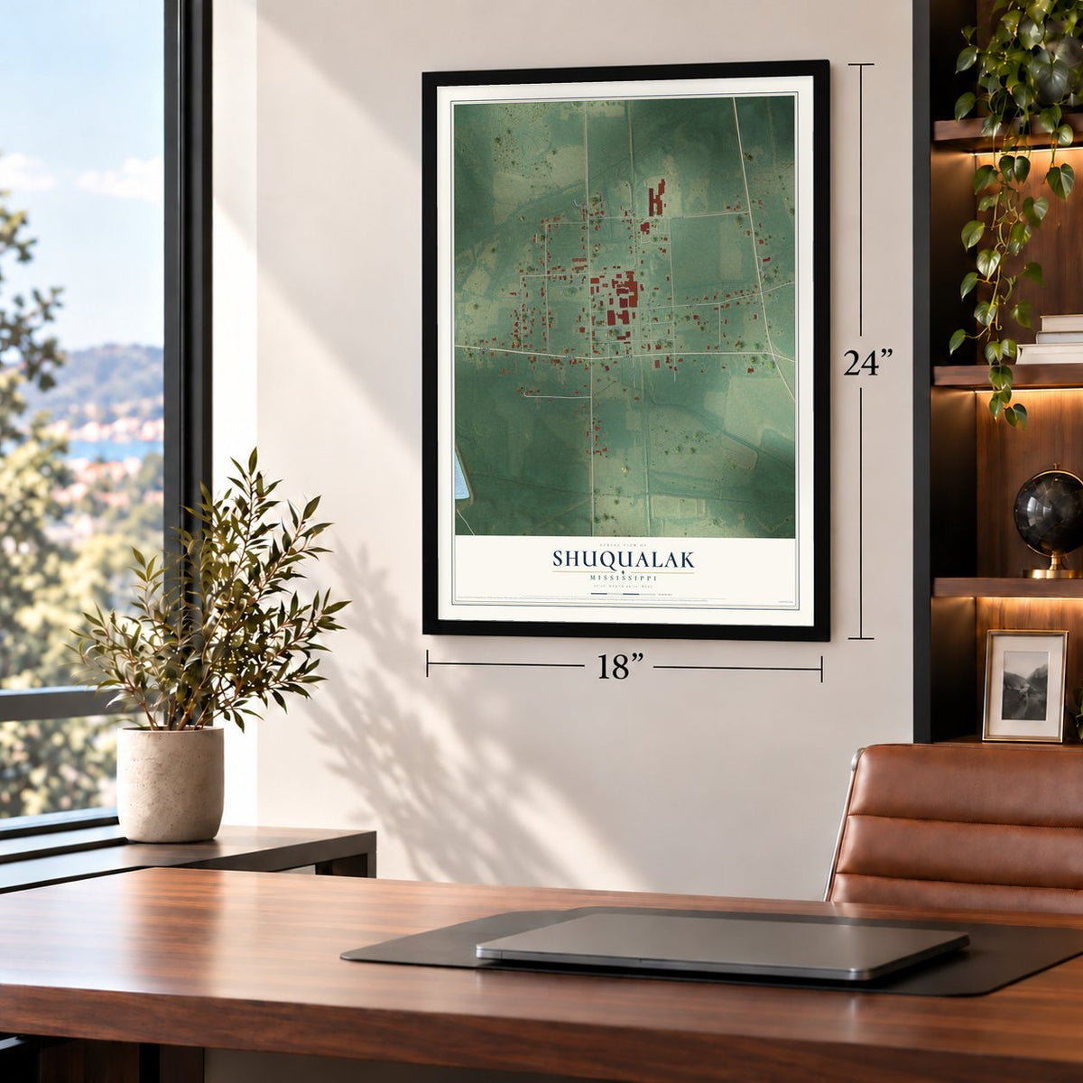 Shuqualak, Mississippi map, 18 x 24 inch print in a black frame in a home office
