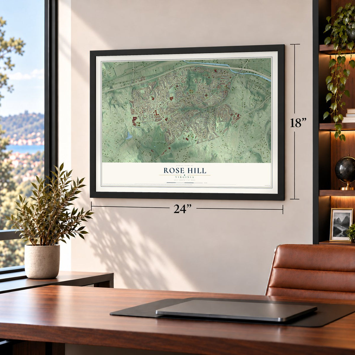 Rose Hill, Virginia map, 18 x 24 inch print in a black frame in a home office