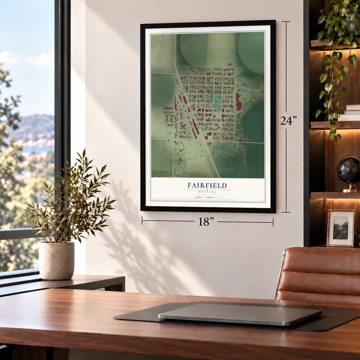 Fairfield, Montana map, 18 x 24 inch print in a black frame in a home office