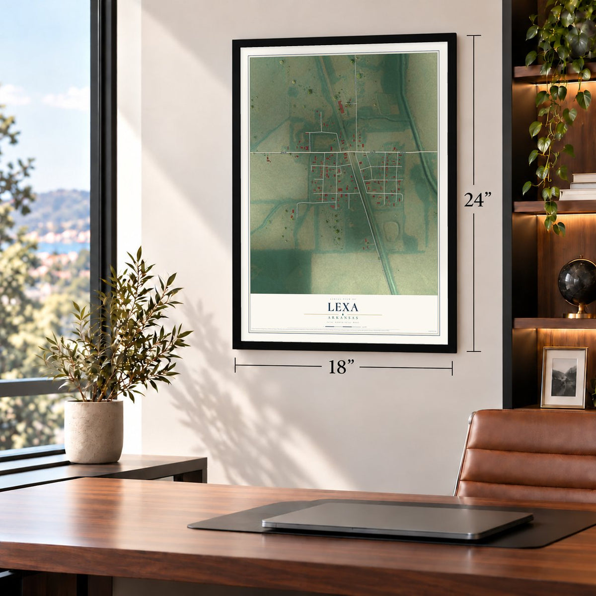 Lexa, Arkansas map, 18 x 24 inch print in a black frame in a home office