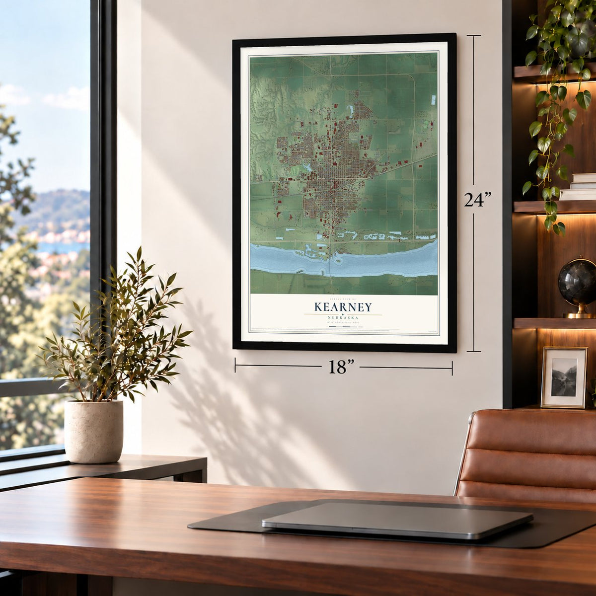 Kearney, Nebraska map, 18 x 24 inch print in a black frame in a home office