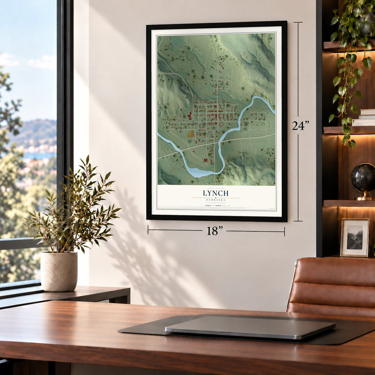 Lynch, Nebraska map, 18 x 24 inch print in a black frame in a home office
