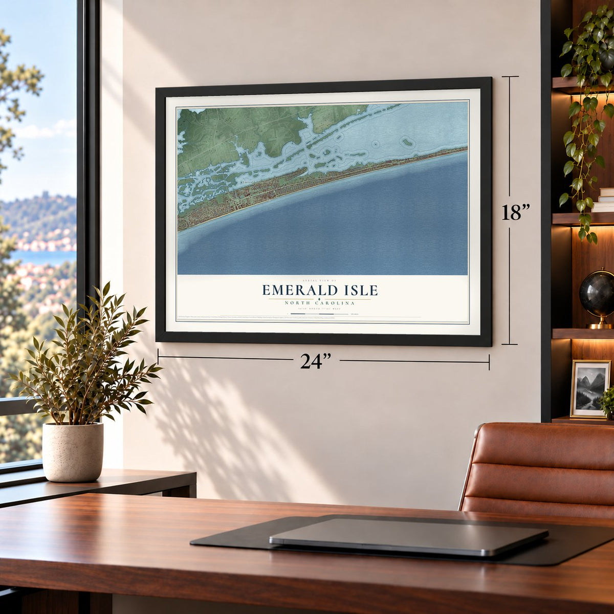 Emerald Isle, North Carolina map, 18 x 24 inch print in a black frame in a home office