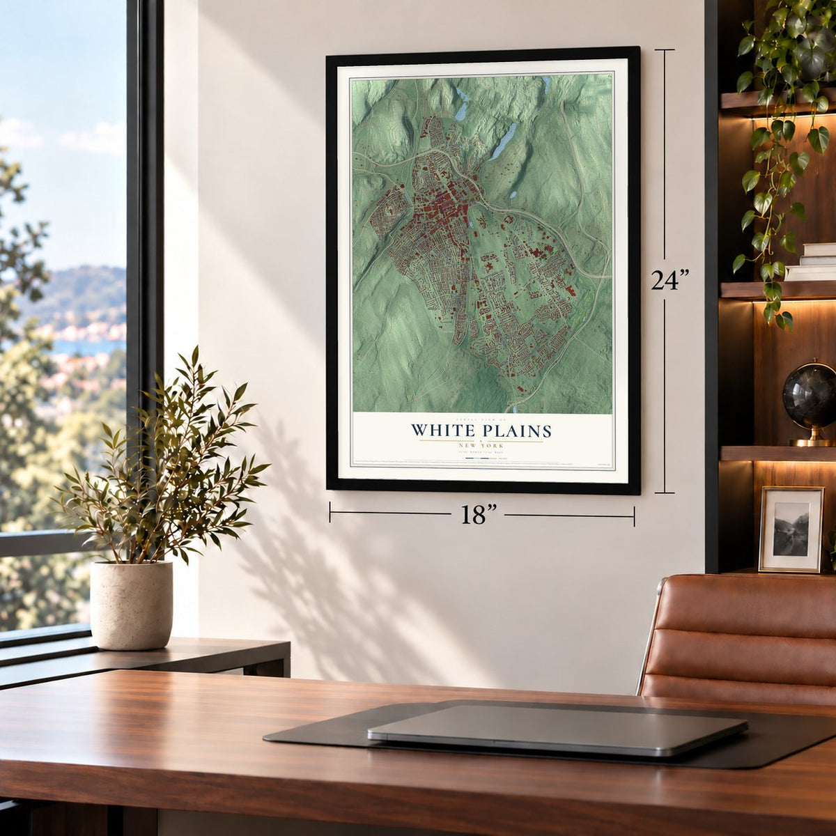 White Plains, New York map, 18 x 24 inch print in a black frame in a home office