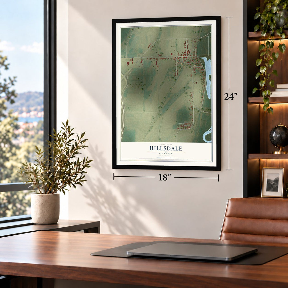 Hillsdale, Illinois map, 18 x 24 inch print in a black frame in a home office