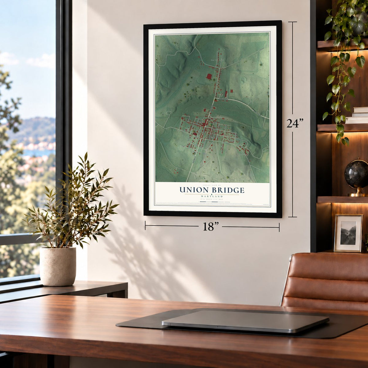 Union Bridge, Maryland map, 18 x 24 inch print in a black frame in a home office