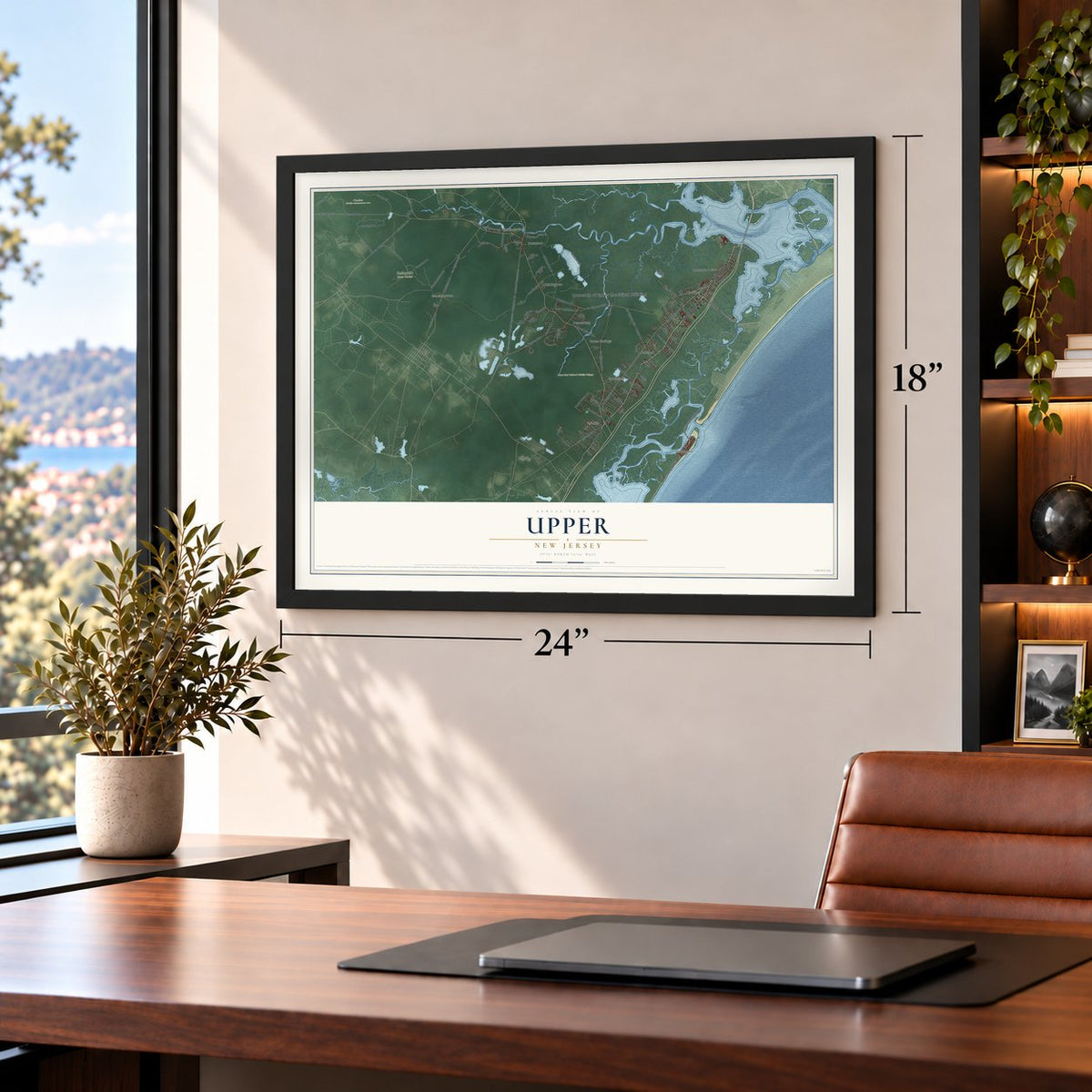 Upper, New Jersey map, 18 x 24 inch print in a black frame in a home office