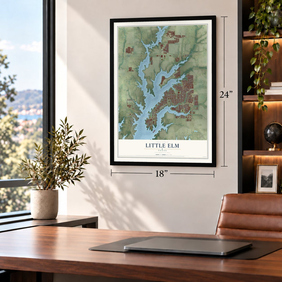 Little Elm, Texas map, 18 x 24 inch print in a black frame in a home office
