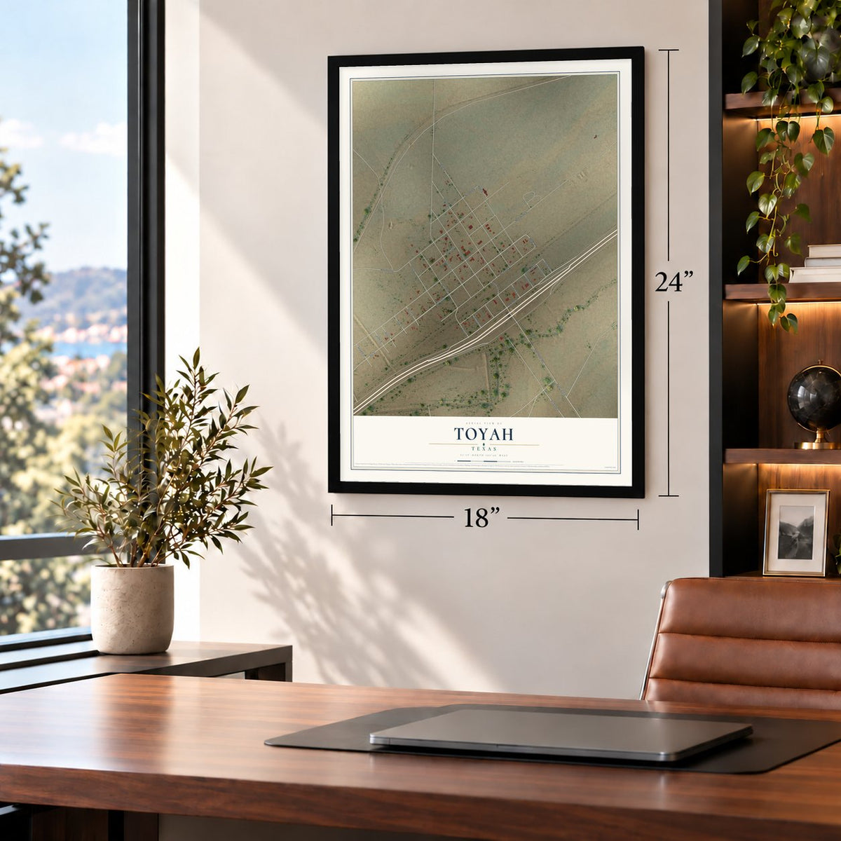 Toyah, Texas map, 18 x 24 inch print in a black frame in a home office