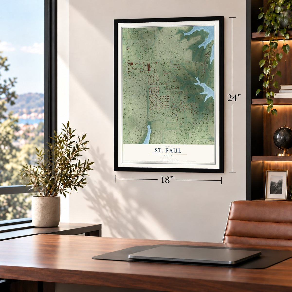 St. Paul, Texas map, 18 x 24 inch print in a black frame in a home office