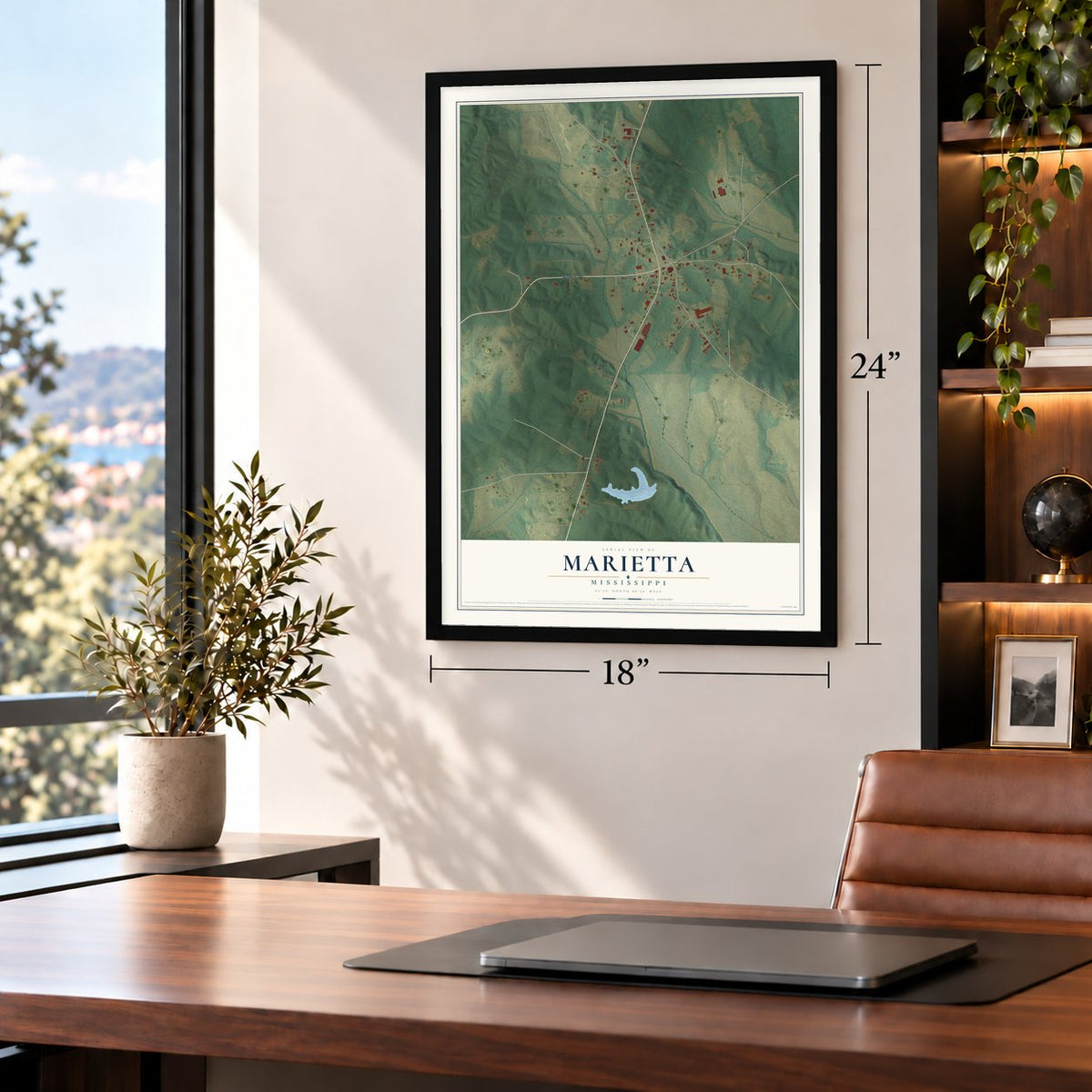 Marietta, Mississippi map, 18 x 24 inch print in a black frame in a home office