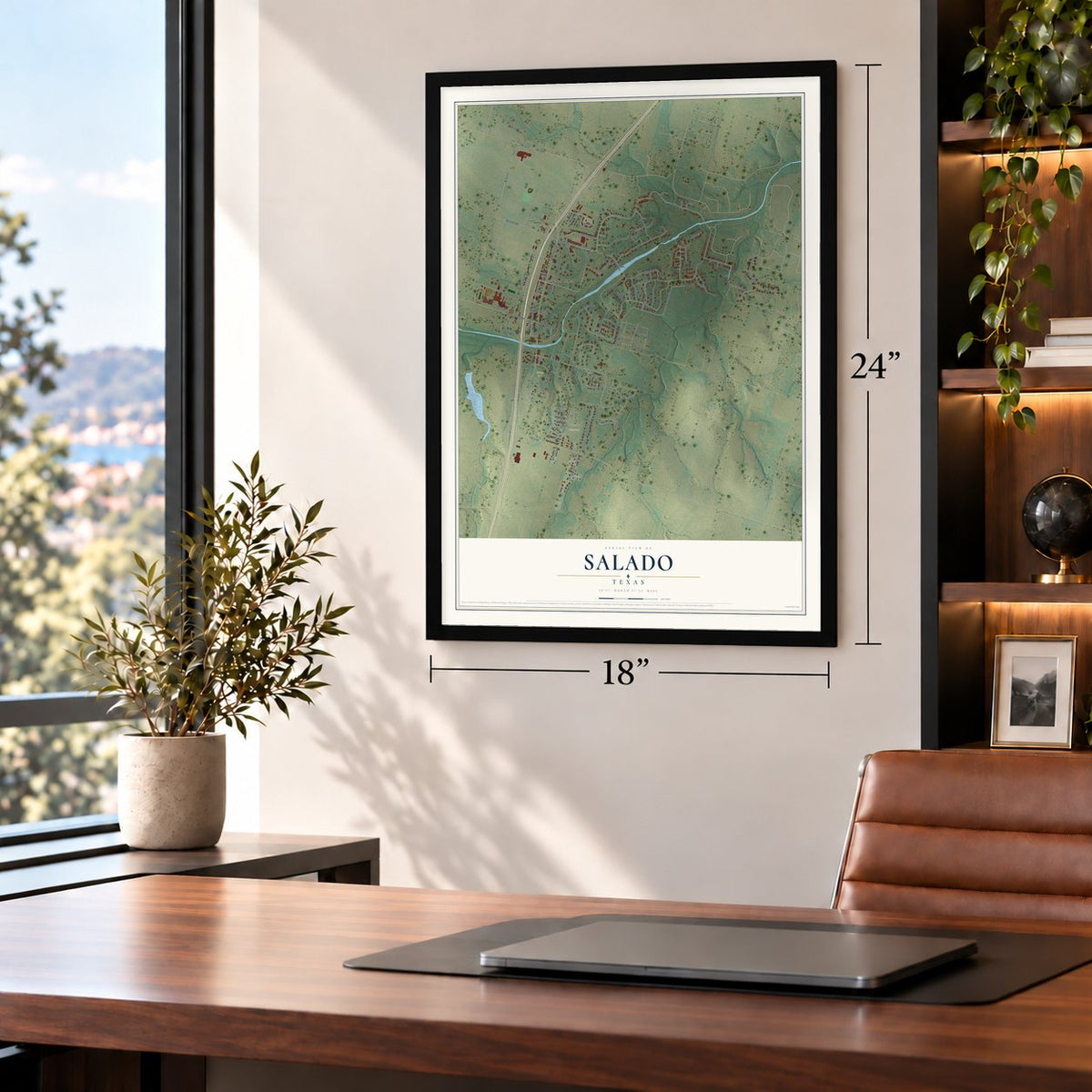 Salado, Texas map, 18 x 24 inch print in a black frame in a home office