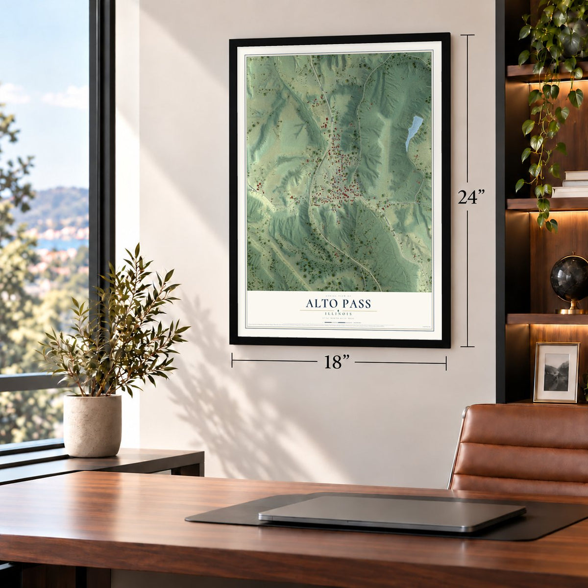 Alto Pass, Illinois map, 18 x 24 inch print in a black frame in a home office