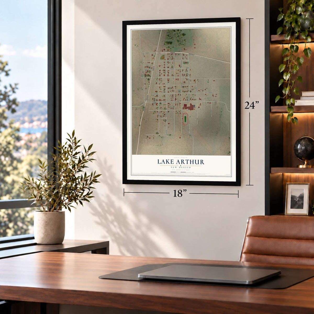 Lake Arthur, New Mexico map, 18 x 24 inch print in a black frame in a home office