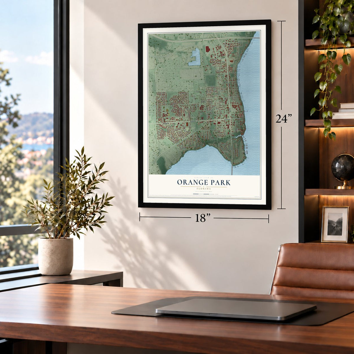 Orange Park, Florida map, 18 x 24 inch print in a black frame in a home office