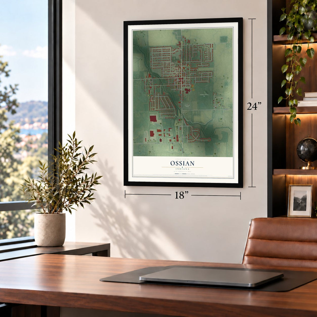 Ossian, Indiana map, 18 x 24 inch print in a black frame in a home office