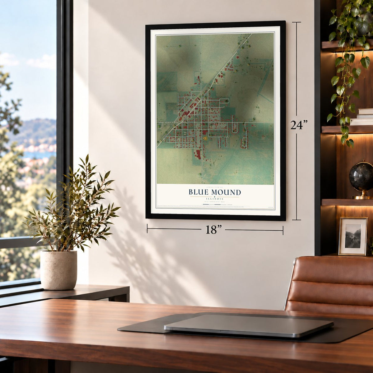 Blue Mound, Illinois map, 18 x 24 inch print in a black frame in a home office