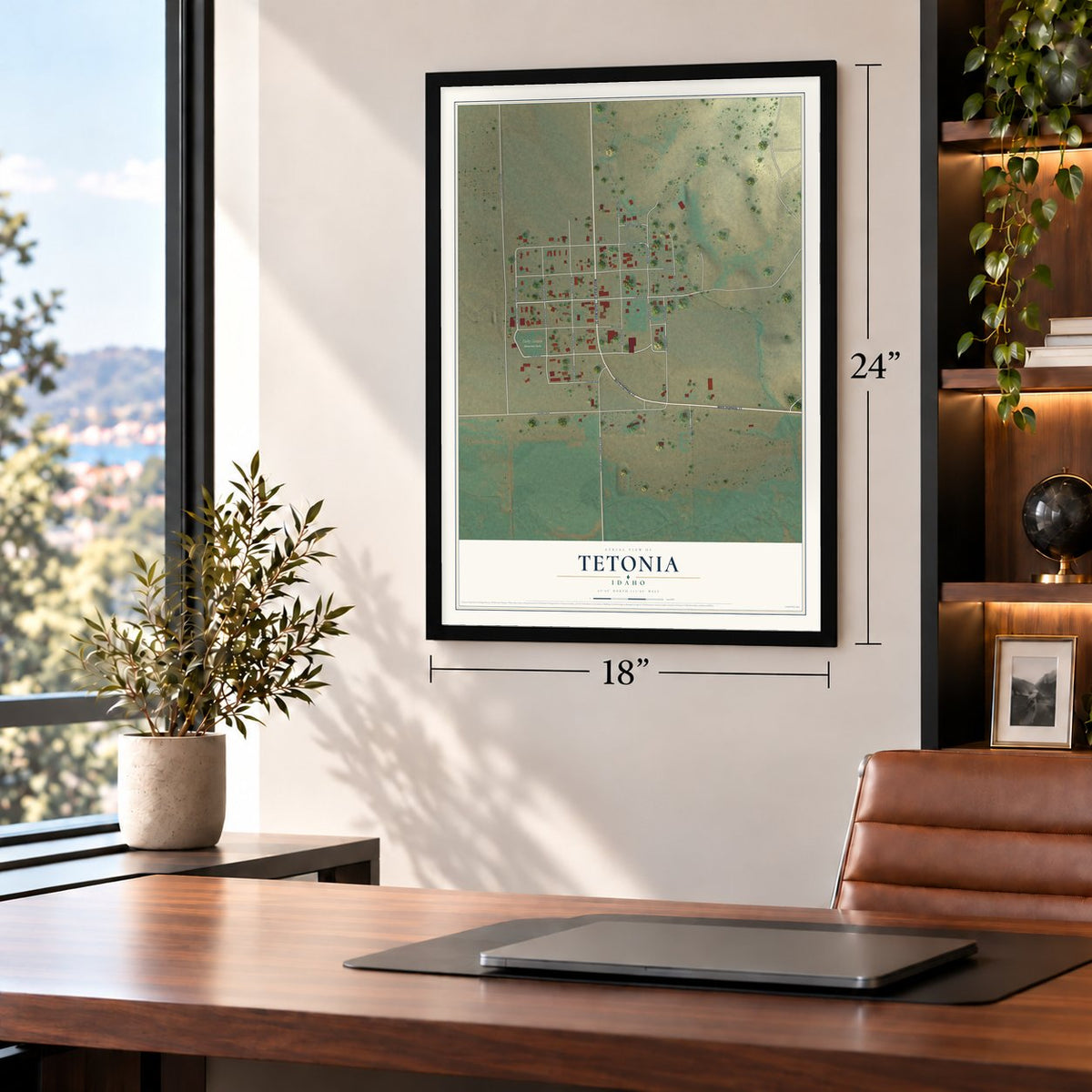 Tetonia, Idaho map, 18 x 24 inch print in a black frame in a home office