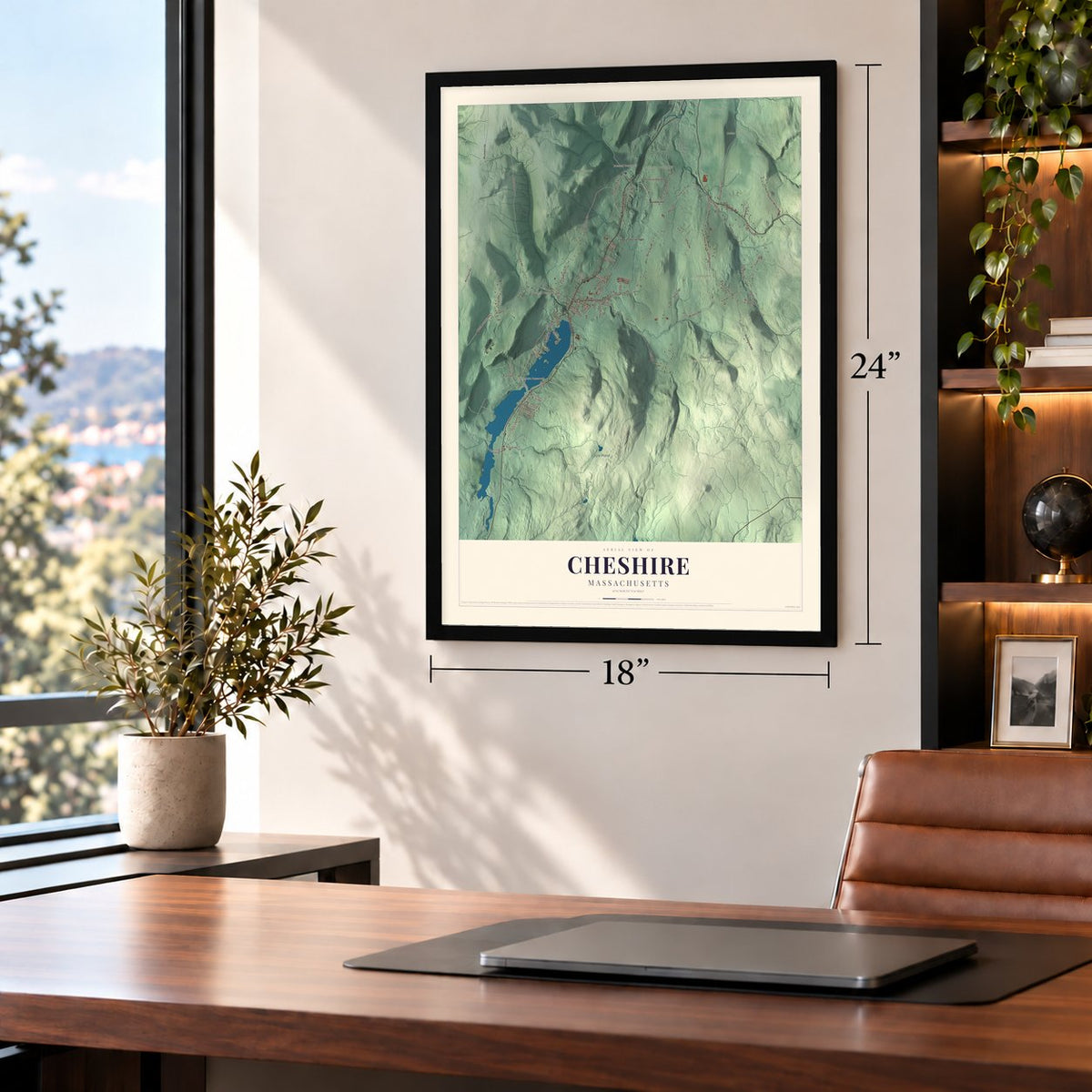 Cheshire, Massachusetts map, 18 x 24 inch print in a black frame in a home office