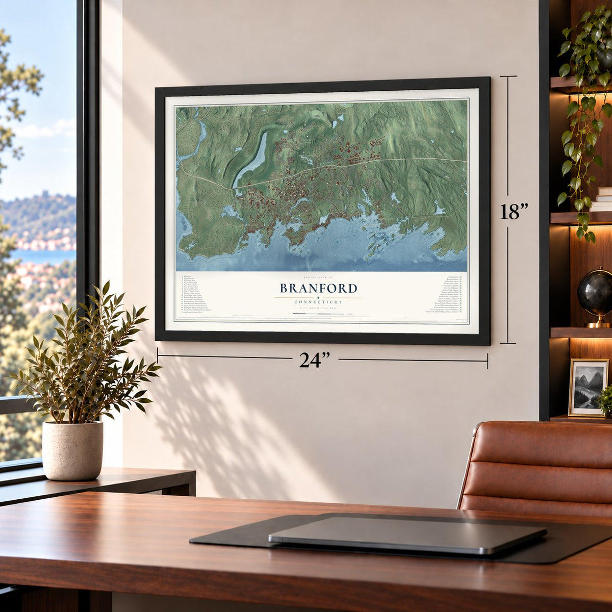 Branford, Connecticut map, 18 x 24 inch print in a black frame in a home office