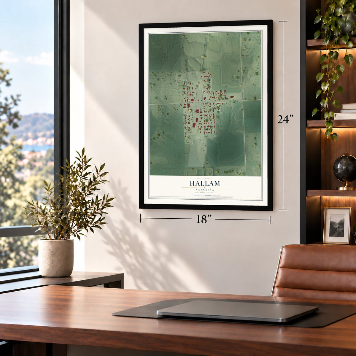 Hallam, Nebraska map, 18 x 24 inch print in a black frame in a home office