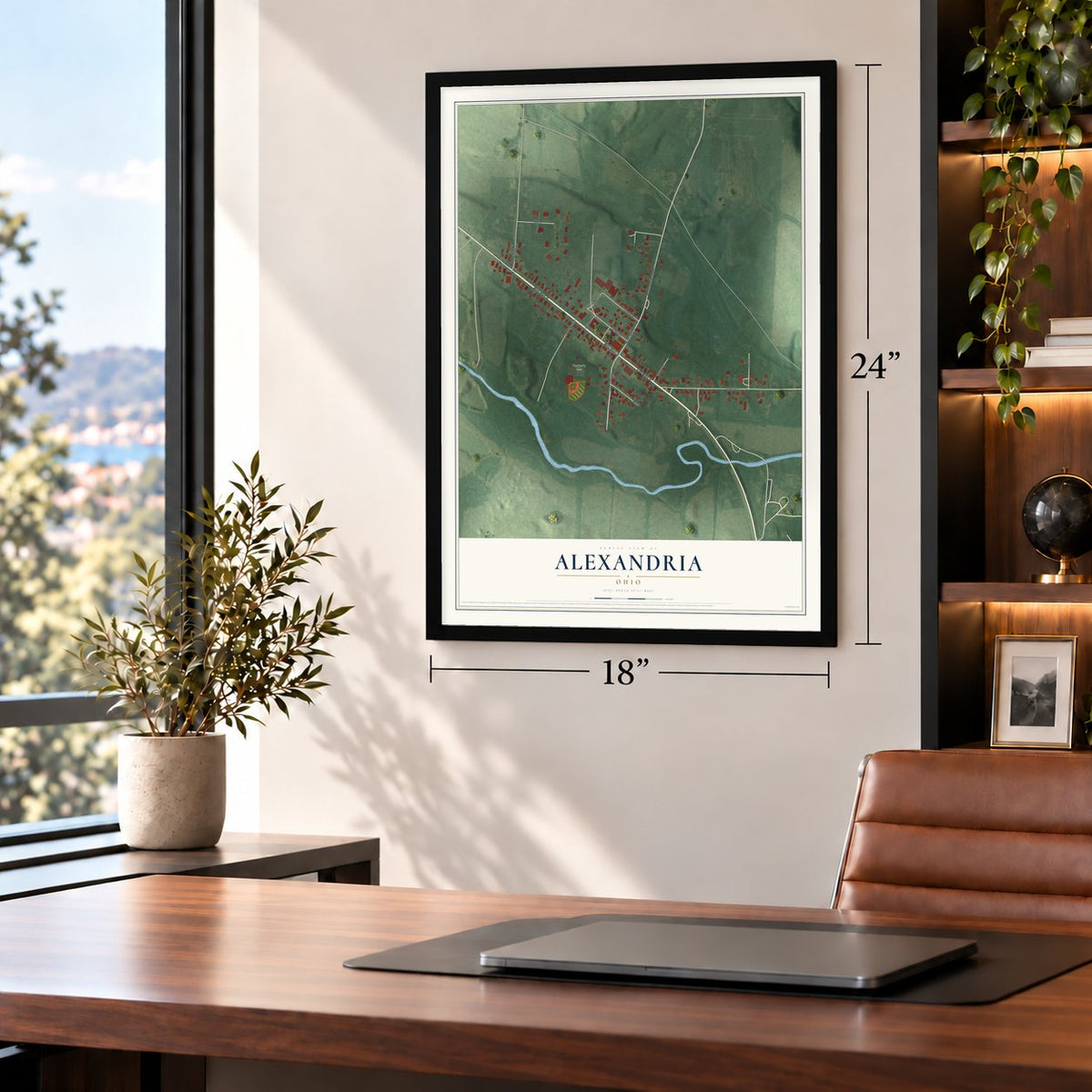 Alexandria, Ohio map, 18 x 24 inch print in a black frame in a home office