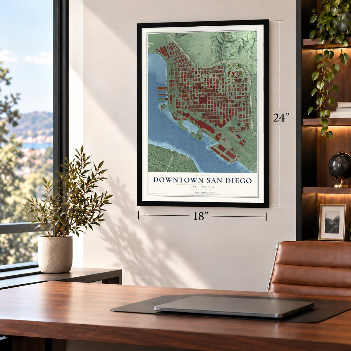 Downtown San Diego, California map, 18 x 24 inch print in a black frame in a home office