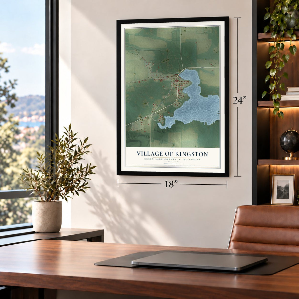 Kingston, Wisconsin map, 18 x 24 inch print in a black frame in a home office