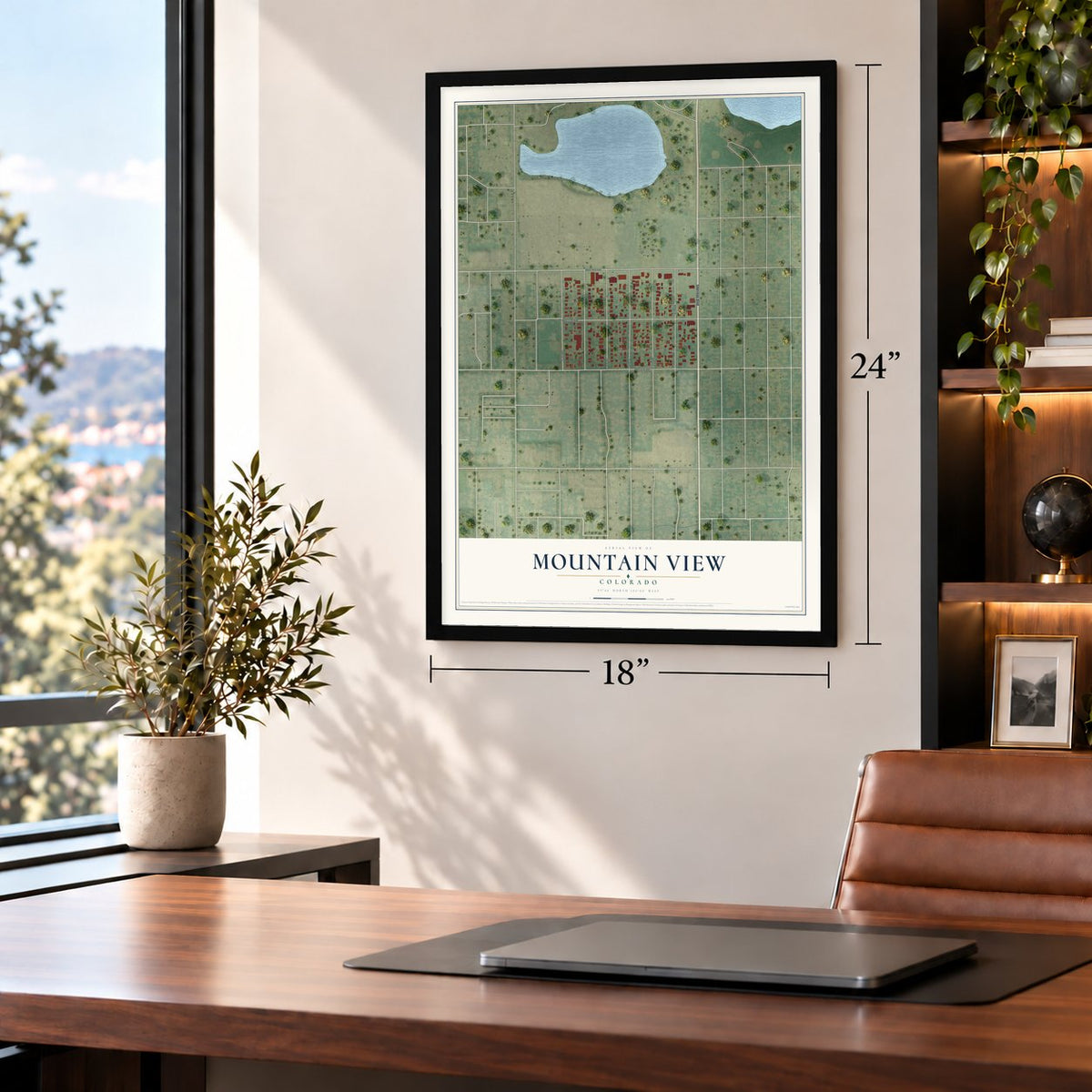 Mountain View, Colorado map, 18 x 24 inch print in a black frame in a home office