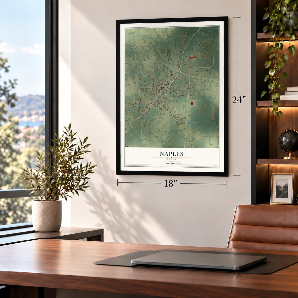 Naples, Texas map, 18 x 24 inch print in a black frame in a home office