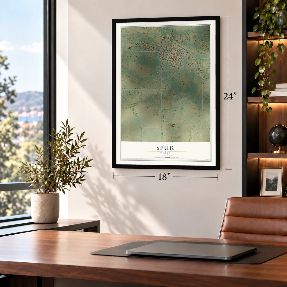 Spur, Texas map, 18 x 24 inch print in a black frame in a home office