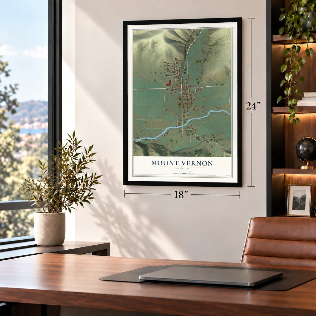 Mount Vernon, Oregon map, 18 x 24 inch print in a black frame in a home office