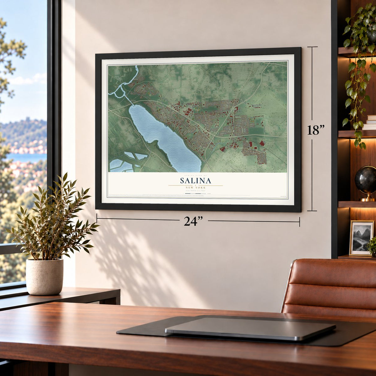 Salina, New York map, 18 x 24 inch print in a black frame in a home office