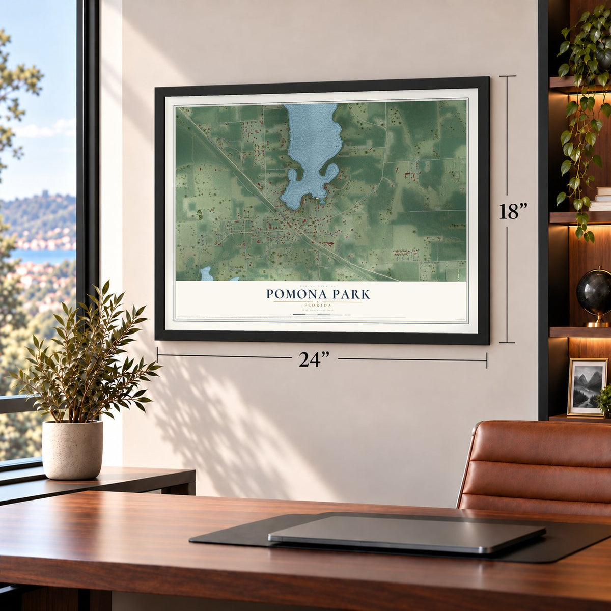 Pomona Park, Florida map, 18 x 24 inch print in a black frame in a home office