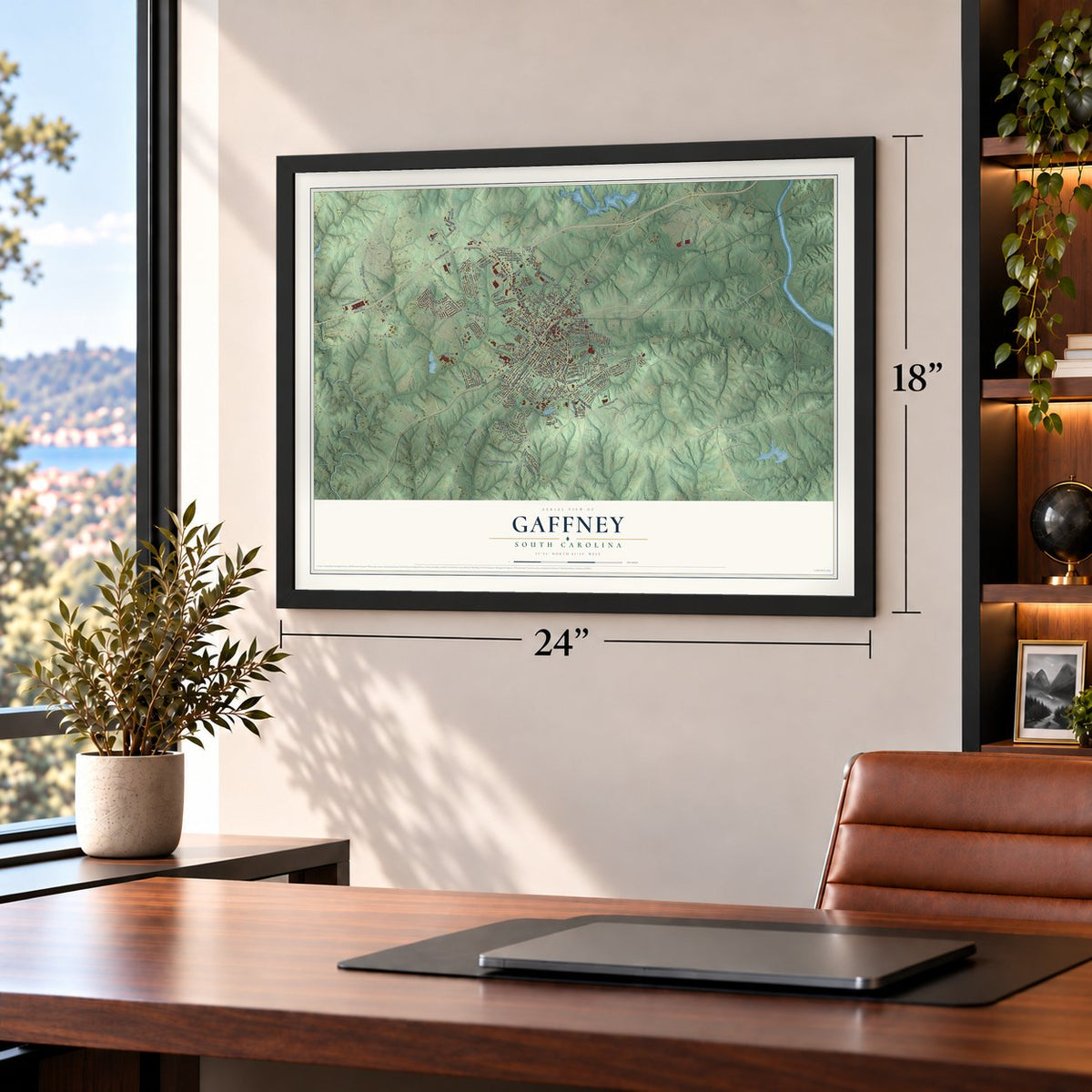 Gaffney, South Carolina map, 18 x 24 inch print in a black frame in a home office