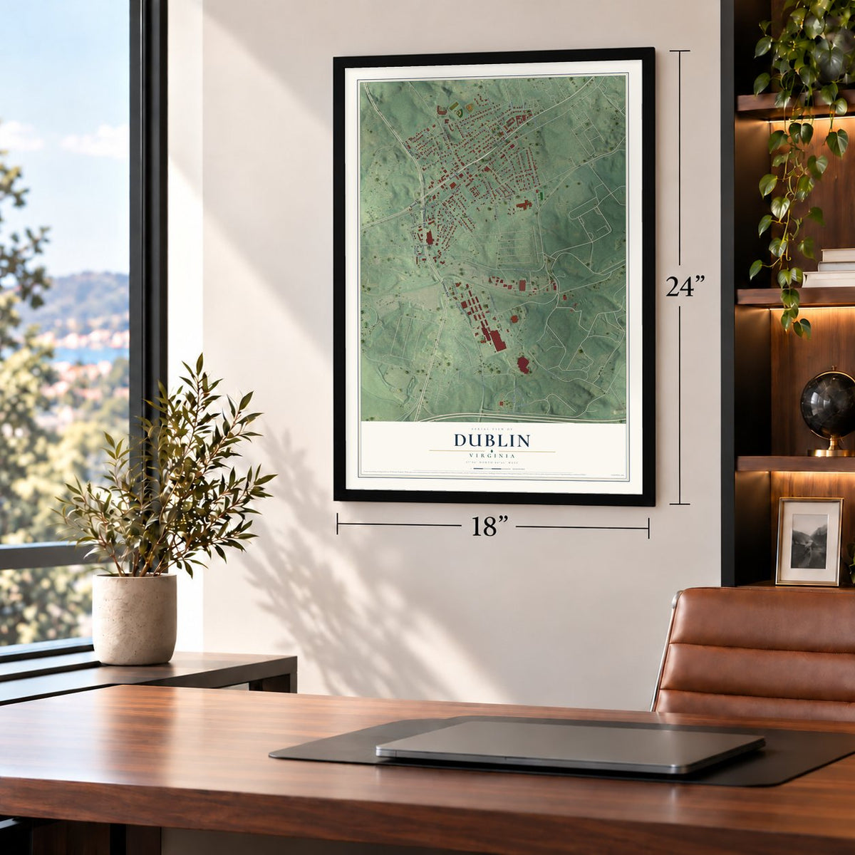 Dublin, Virginia map, 18 x 24 inch print in a black frame in a home office