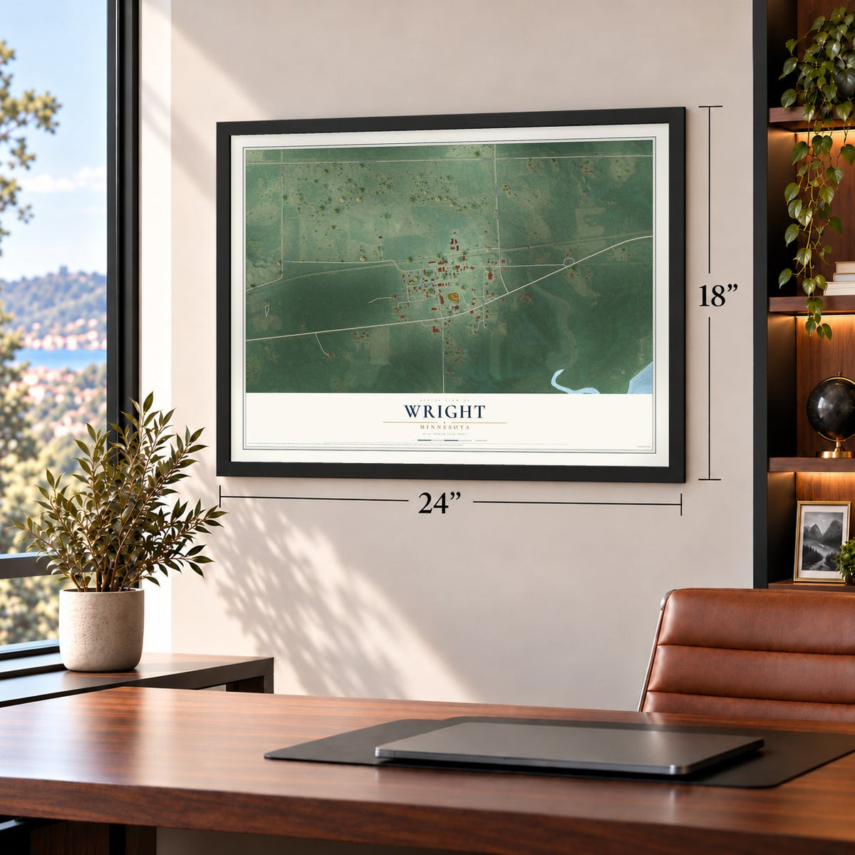 Wright, Minnesota map, 18 x 24 inch print in a black frame in a home office