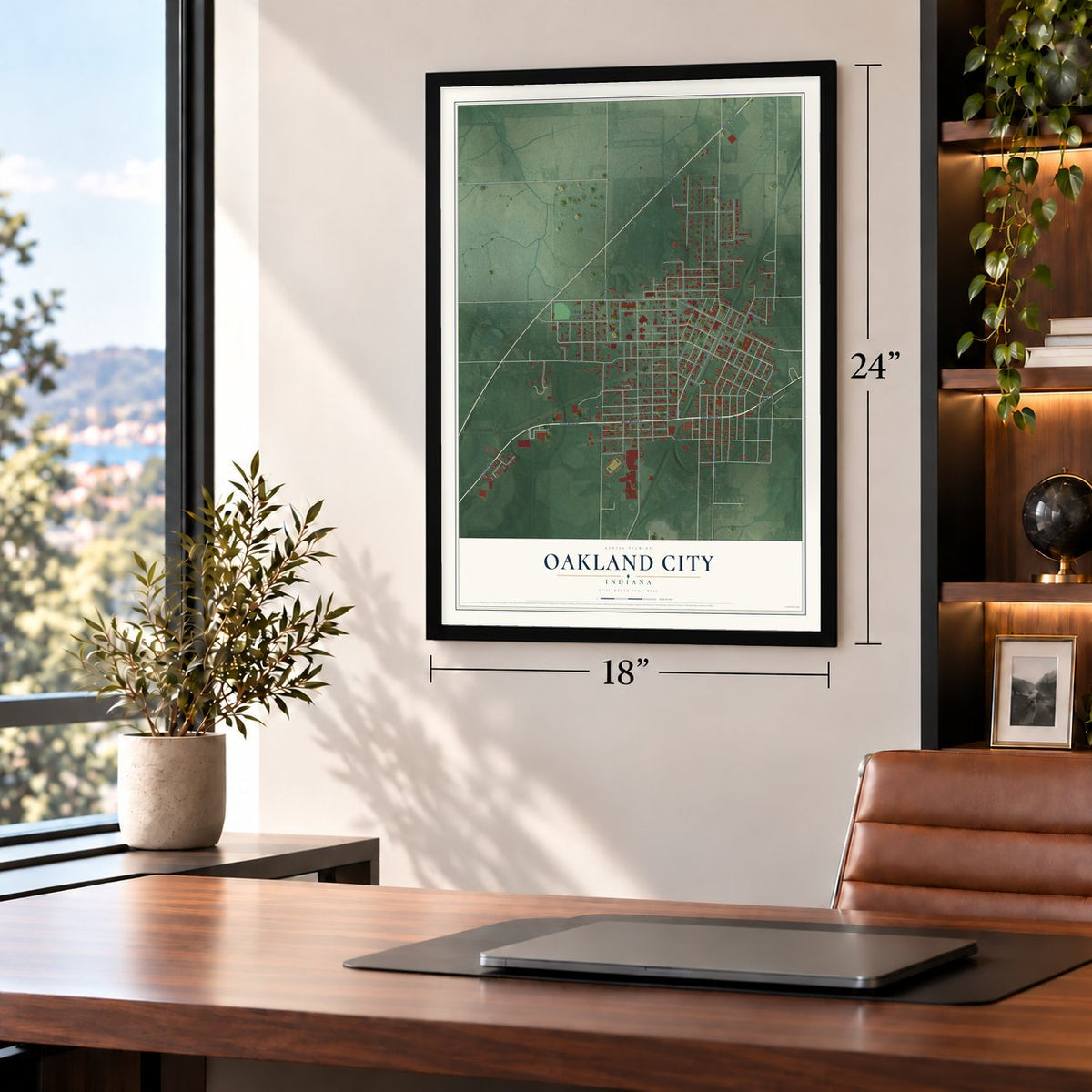 Oakland City, Indiana map, 18 x 24 inch print in a black frame in a home office