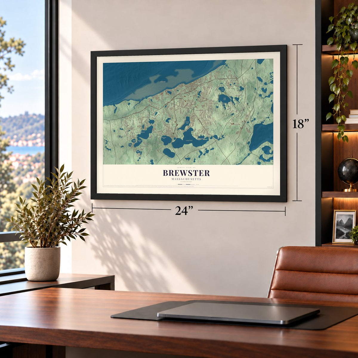Brewster, Massachusetts map, 18 x 24 inch print in a black frame in a home office