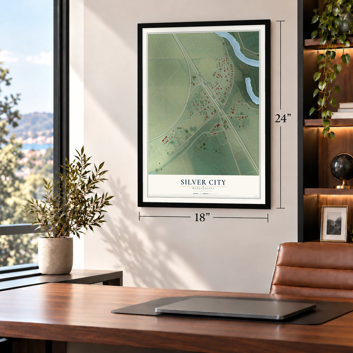 Silver City, Mississippi map, 18 x 24 inch print in a black frame in a home office