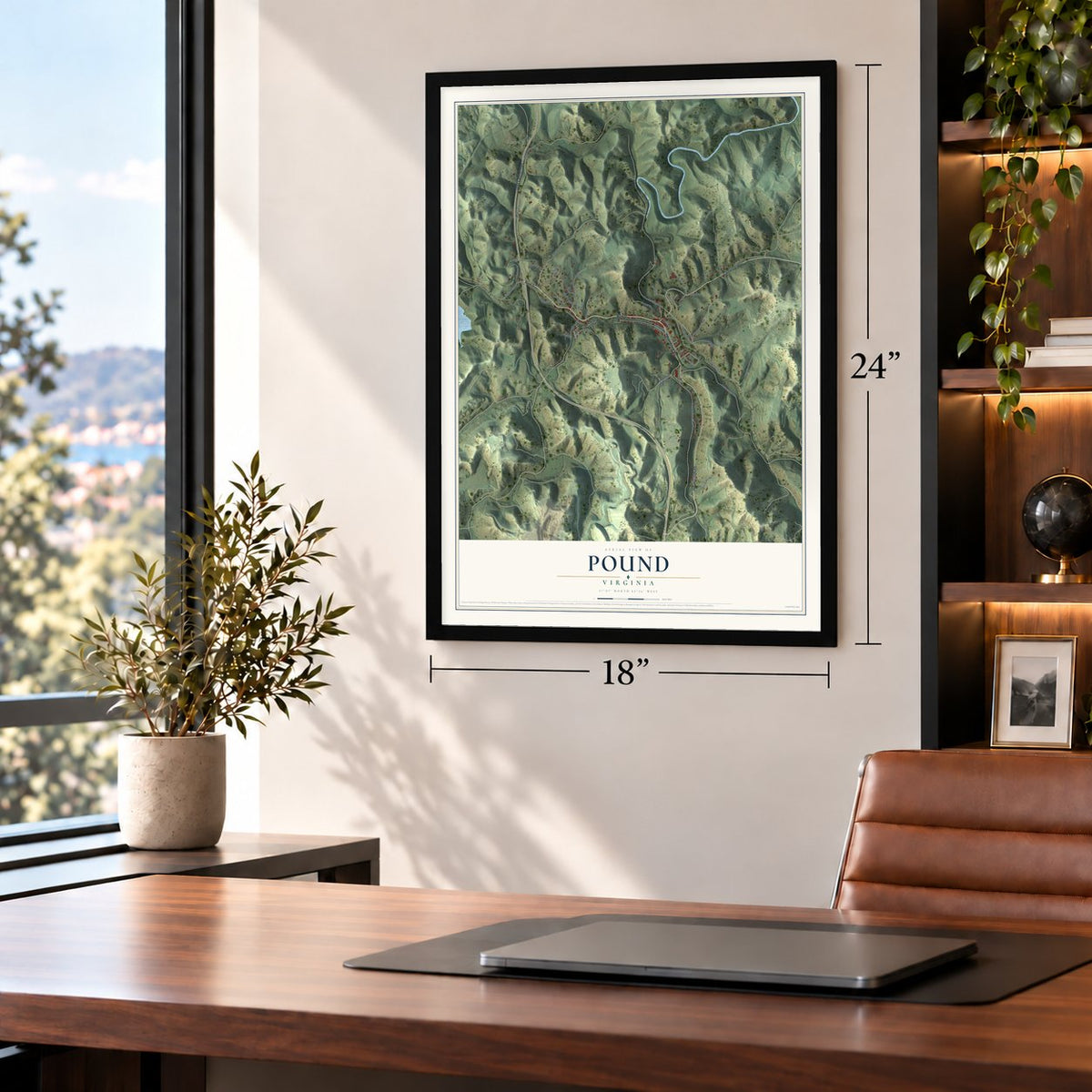 Pound, Virginia map, 18 x 24 inch print in a black frame in a home office