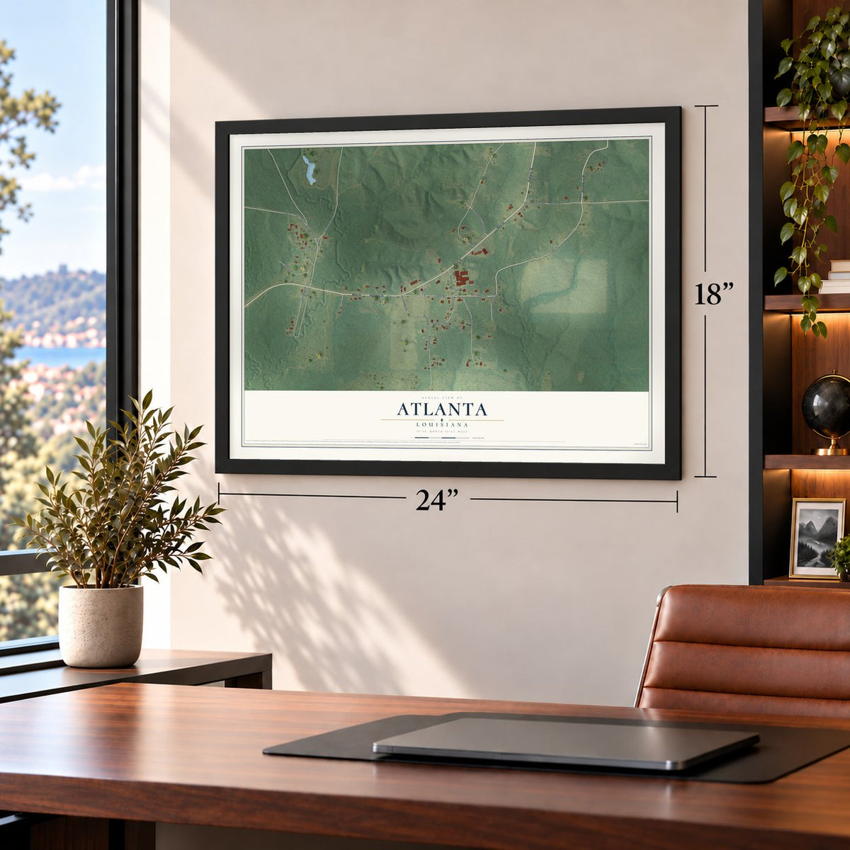 Atlanta, Louisiana map, 18 x 24 inch print in a black frame in a home office