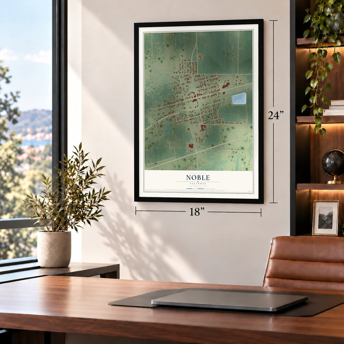 Noble, Illinois map, 18 x 24 inch print in a black frame in a home office